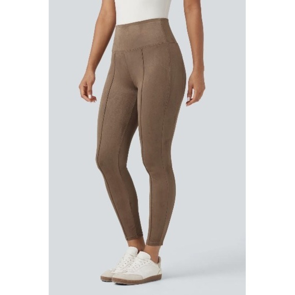 Halara Brown Faux Suede High Waisted Pintuck 7/8 Leggings Womens Medium
